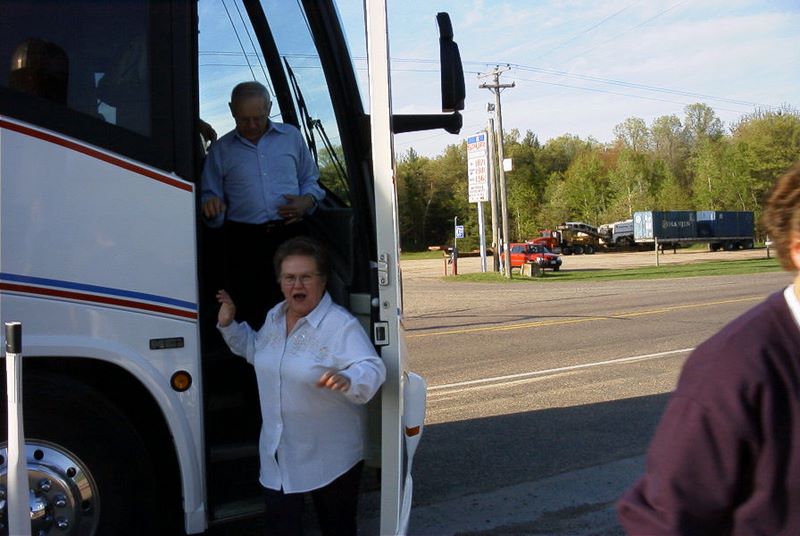 Algene Knuth Strauch gets off the birthday tour bus