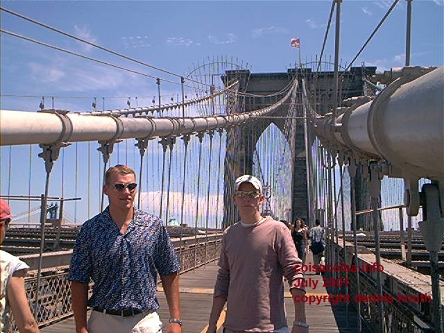 Friends hiking on the Brooklyn Bridge