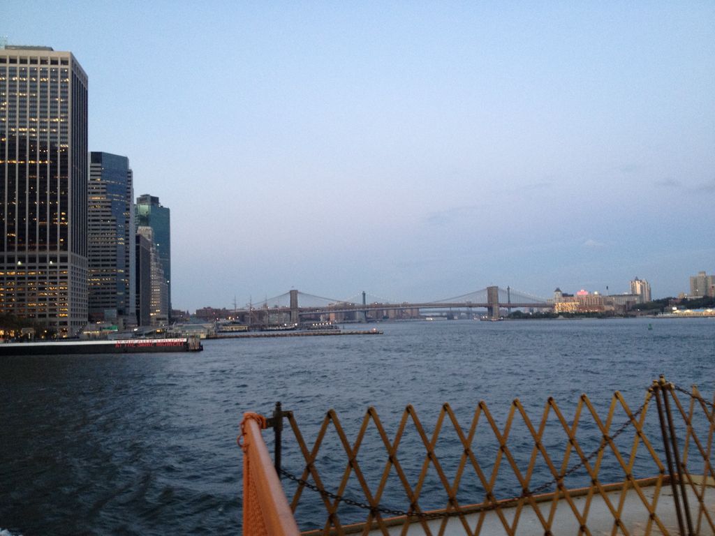 Looking uptown toward the East River and Brooklyn Bridge