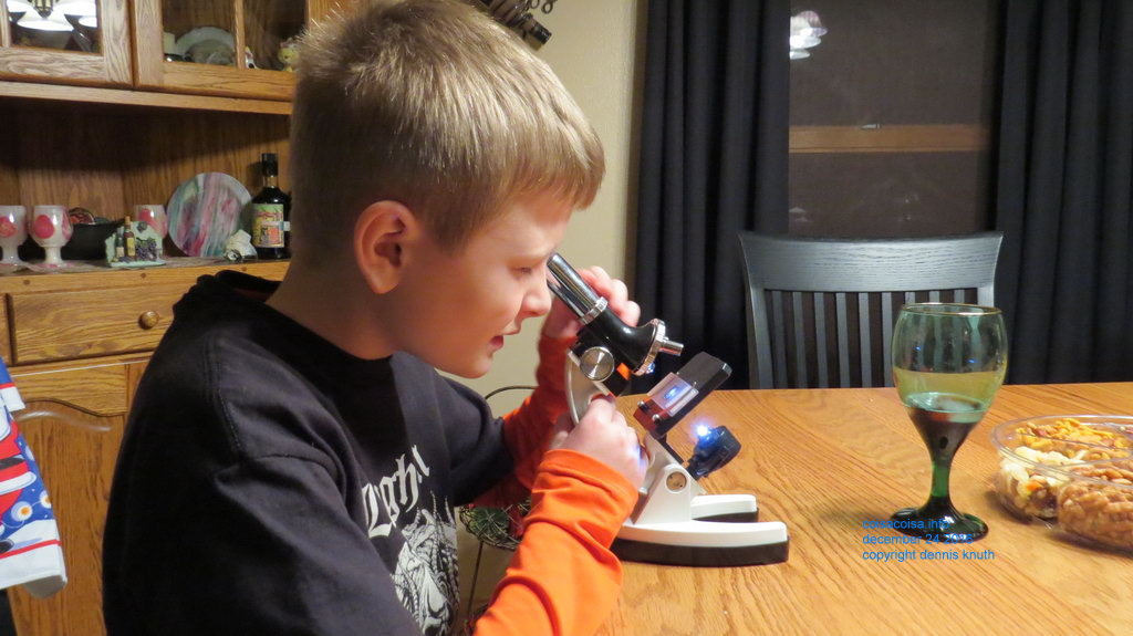 Jared using the microscope he got for Christmas
